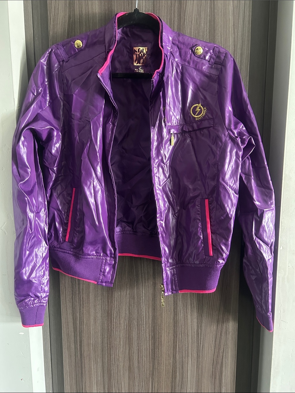 Purple Shiny Bomber Jacket with Hot Pink Trim